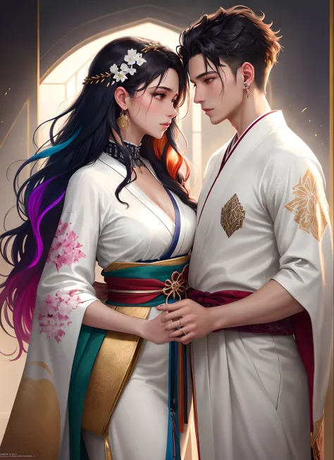 "Concept Art for 'Love Affair': A stunning masterpiece capturing an intimate interaction between a captivating couple. The male focus boasts fin ears and multicolored hair, adorned with rings and stud earrings. His long white hair cascades elegantly, compl...