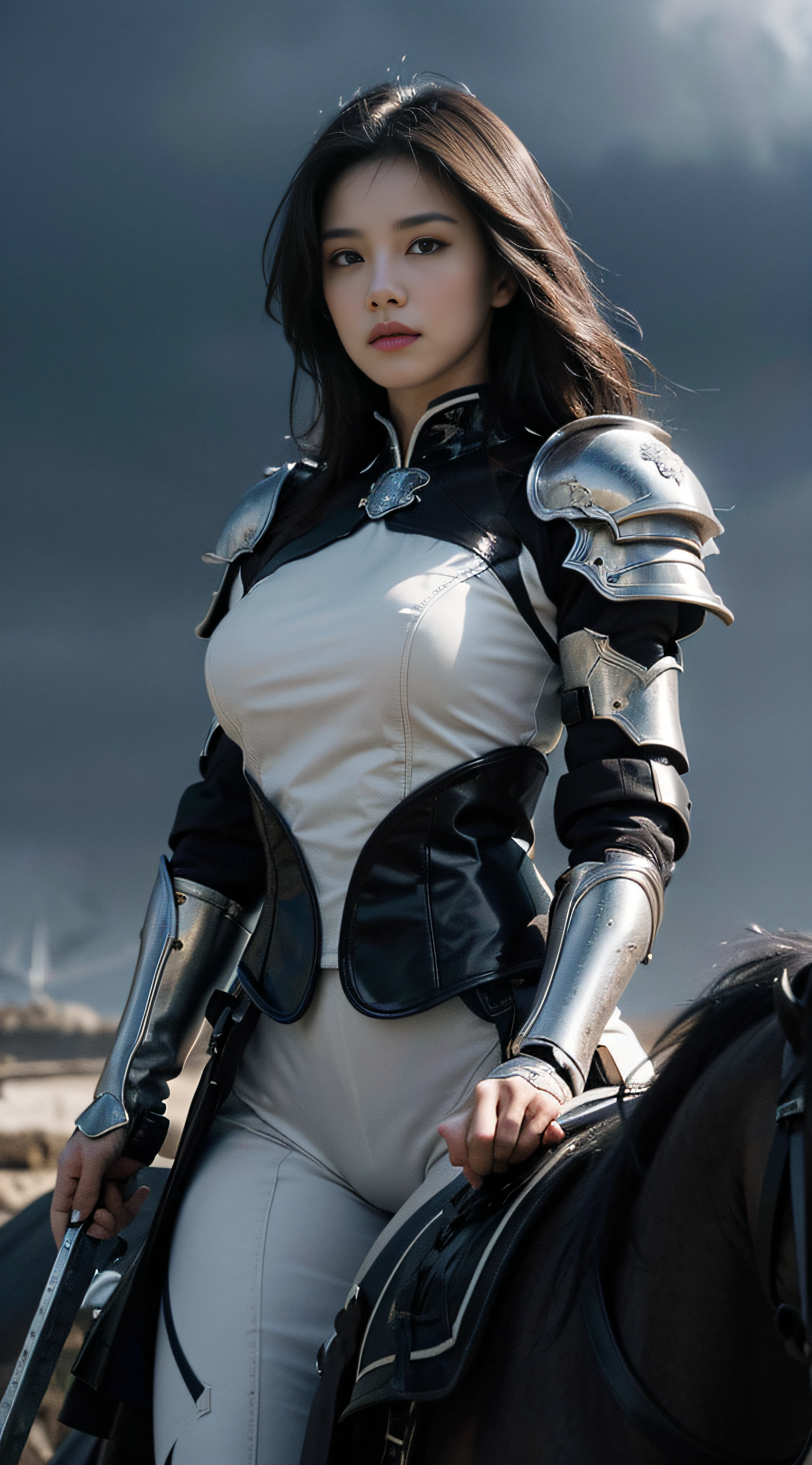 (best quality,4k,8k,highres,masterpiece:1.2),ultra-detailed,white body-hugging battle armor,beautiful detailed eyes,beautiful detailed lips,extremely detailed eyes and face,long eyelashes,sharp focus,physically-based rendering,stunning female warrior riding a black battle horse,holding a sharp long sword,dark fantasy,dramatic lighting,stormy atmosphere,mysterious background,hdr,vivid colors
