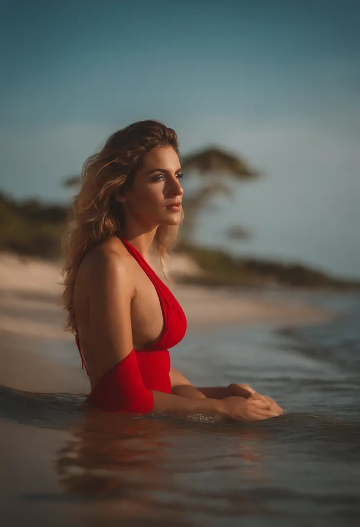 araffed woman in a red bikini laying on the beach , with big