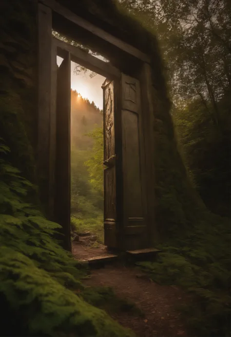 a mysterious iron riveted door in a rockface, partially hidden behind foliage at sunrise on a foggy spring morning with a small creek exiting the photo in a corner