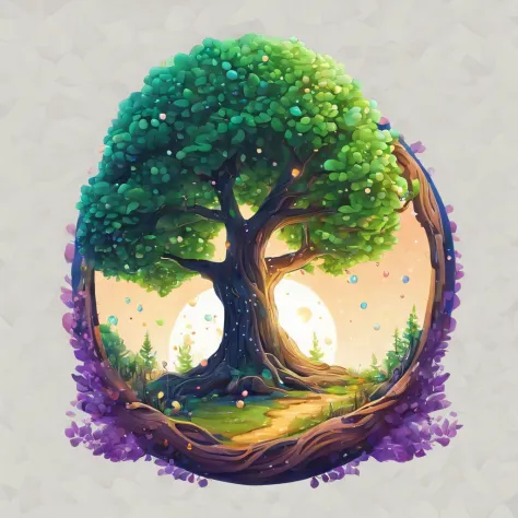 a logo sticker of a bubble, 3D neon light art, in the dark of night, (a big old magical tree), (a whole tree in a bubble), (green leaves: 1.3), large roots growing on the ground, leaves falling from the tree, many colored fireflies around the tree,(( tiny ...