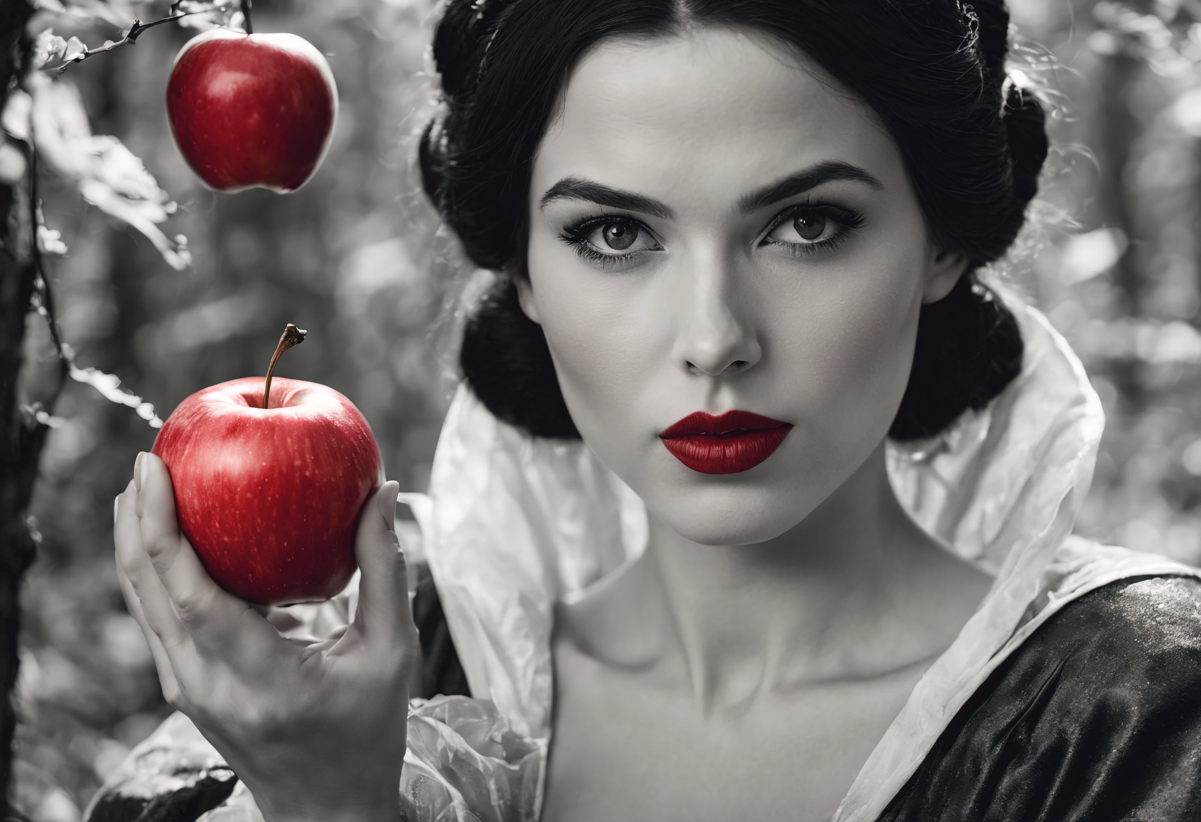 high quality cinematic (black and white) photo of snow-white holding a (bright-red) apple in an enchanted forest, close shot, detailed face, dramatic, high detail, high resolution, 8k, high saturation