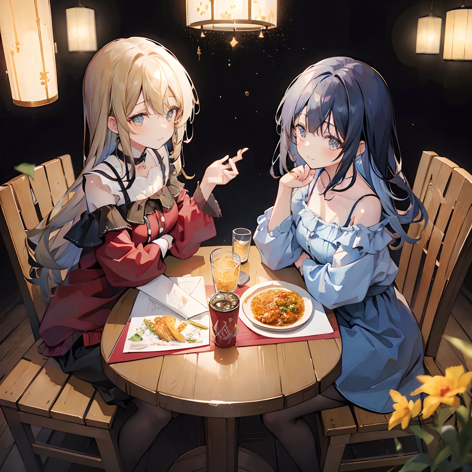 Sentado em um restaurante de estilo ocidental((arroz com curry))comer(2 meninas)　(um sorriso)　FORA DO OMBRO　colheres　luz difusa　(céu estrelado)　tiro de corpo inteiro 　à distância　Textura fosca Profundidade de campo rasa　Estilo Pixiv　Ângulos amplos　de cima　cel anime