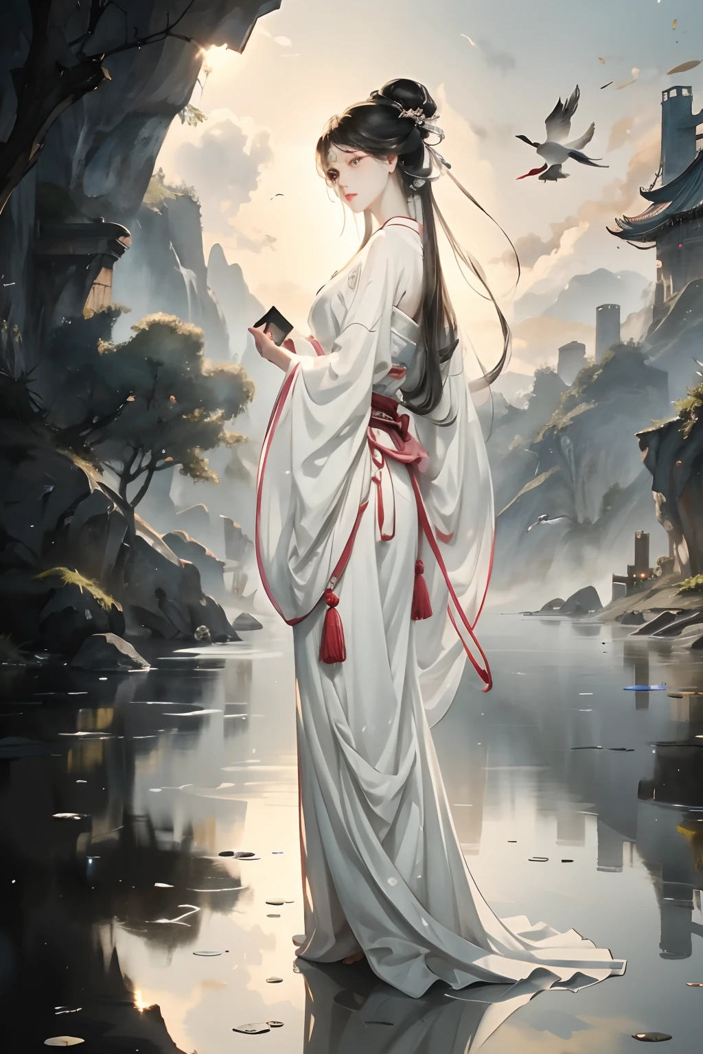 watercolour，（：A woman standing on a bridge...：13），barefoot，hanfu，Chinese-style clothes，Arch Bridge，..，beautiful anime scene，Reflections on the water surface，magpie，Black and white evening dress，delicate，Max Kwali，（master-piece：1,2），Best qualtiy，master-piece，original，verydetailedwallpaper，perfect lighting，（Very Detailed CG:1.2）Remote image Clear facial details