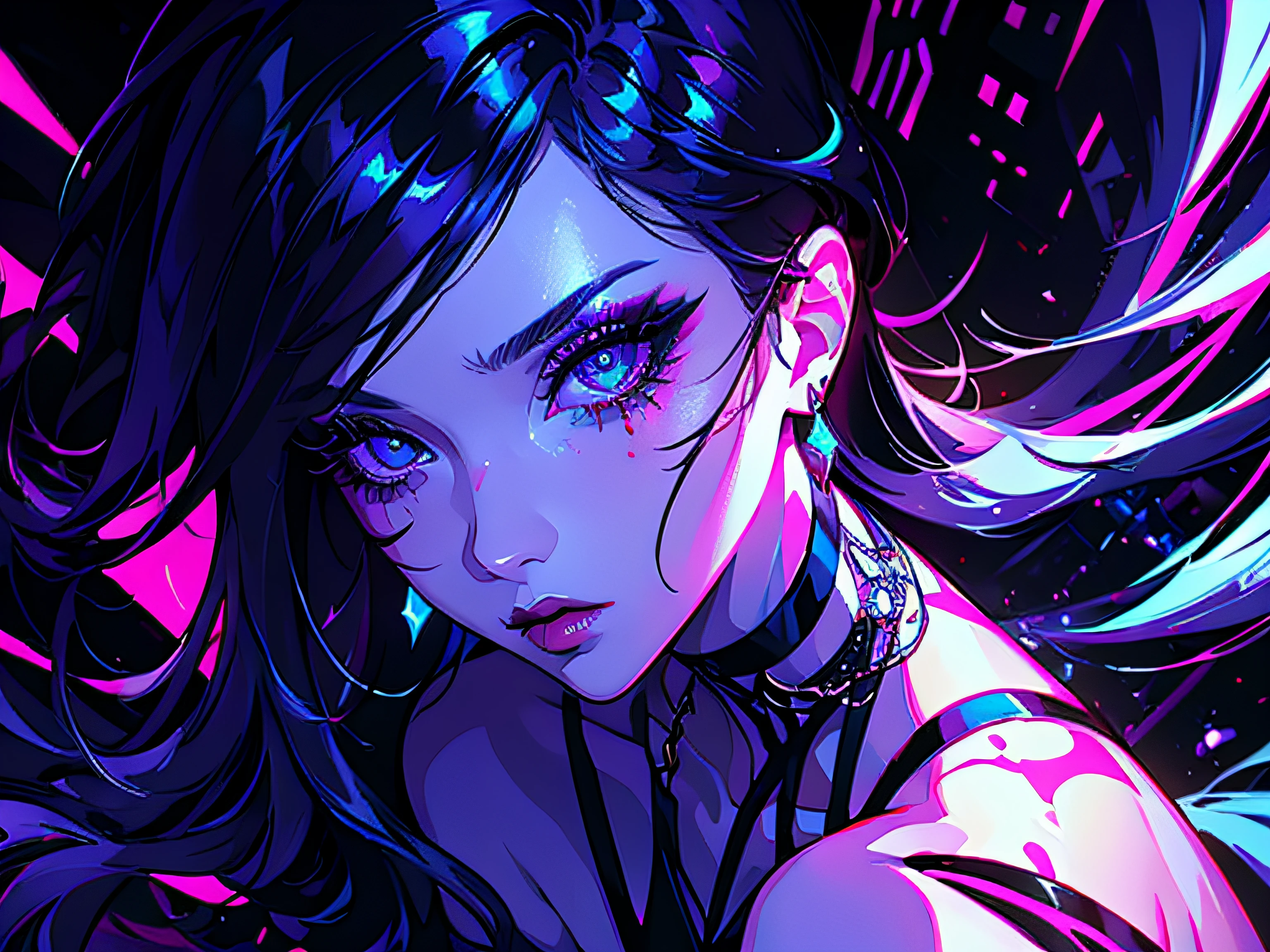 1girl,(masterpiece,detailed face,detailed eyes,best quality),long shiny hair,intimidate expression,dress,jewellery,eyeliner,makeup,fashion,messy hair,lipstick,illustration,choker,solo female, neon city background