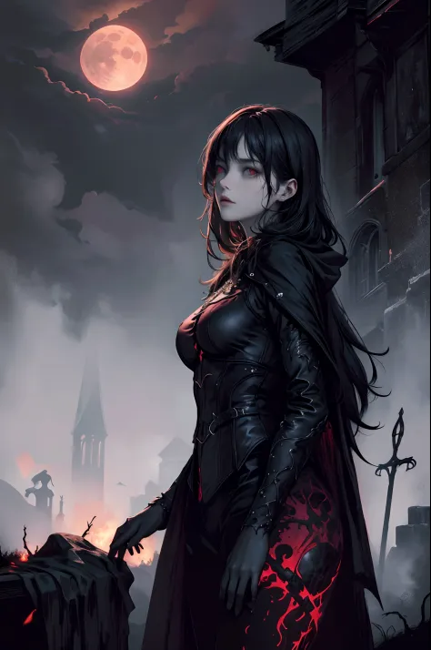 best quality, 4k, highres, masterpiece:1.2, ultra-detailed, realistic:1.37, moody lighting, girl, crucified, blackened sky, red moonlight, eerie atmosphere, gothic style, haunting beauty, dramatic shadows, ethereal glow, mystical ambiance.