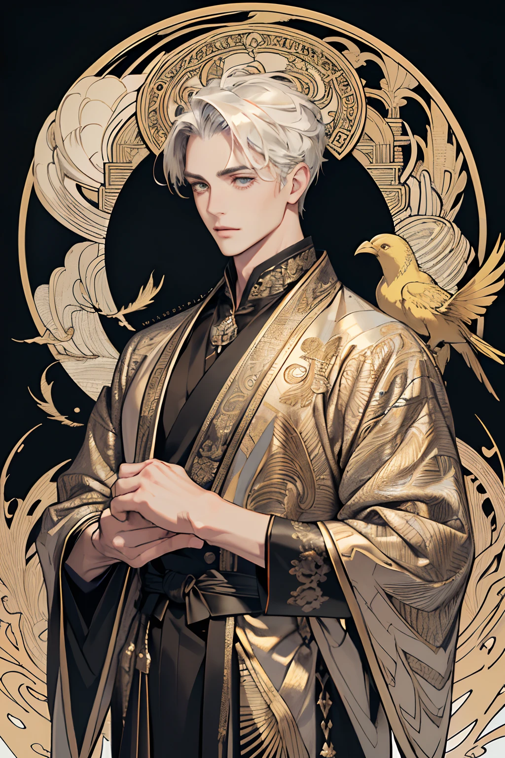 Realistic,  (巨作, Top  Quality, Best Quality, formal art, beautiful and aesthetic:1.2), A highly detailed,fractal art,Colored,highest details,zentangle,(abstract background:1.3)
(1boy:1.3), (Golden Birds),
silverhair, Shining eyes,hair slicked back, short hair hair, Black robe,