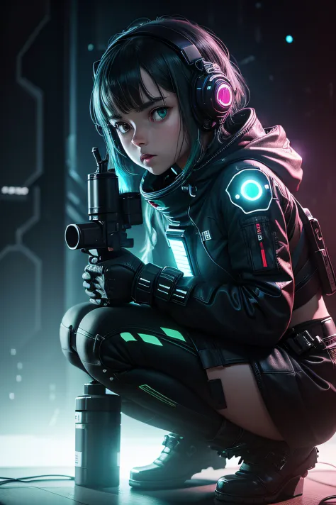 (grainy:0.5), cinematic,girl, space, serious, detailed eyes, detailed face, detailed futuristic clothes, lights in clothes, (aiming gun:1.1), (hiding:1.1), (squatting, looking to side:1.1), volumetric lighting, isolation, horror, dark lighting, red biolumi...