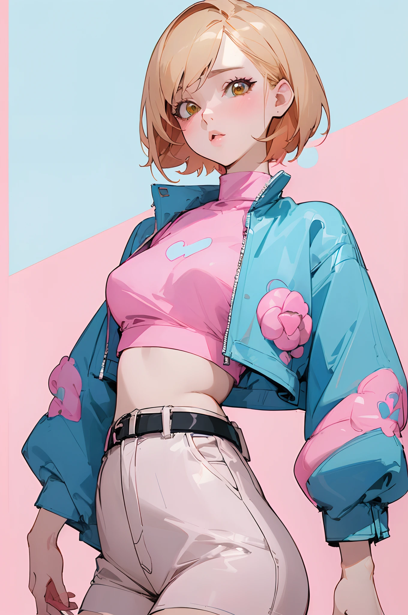 (masterpiece, best quality) detailed, 1Character , blue archive art style , wearing a baby blue jacket, a pink belt , inspired clothing by BLACKPINK, crop top,Stunning woman , short hair , blonde hair , orange eyes , no pupils , pink lips , pale skin , ￼age 26, 
 , pastel washed out colors , cell shade ,