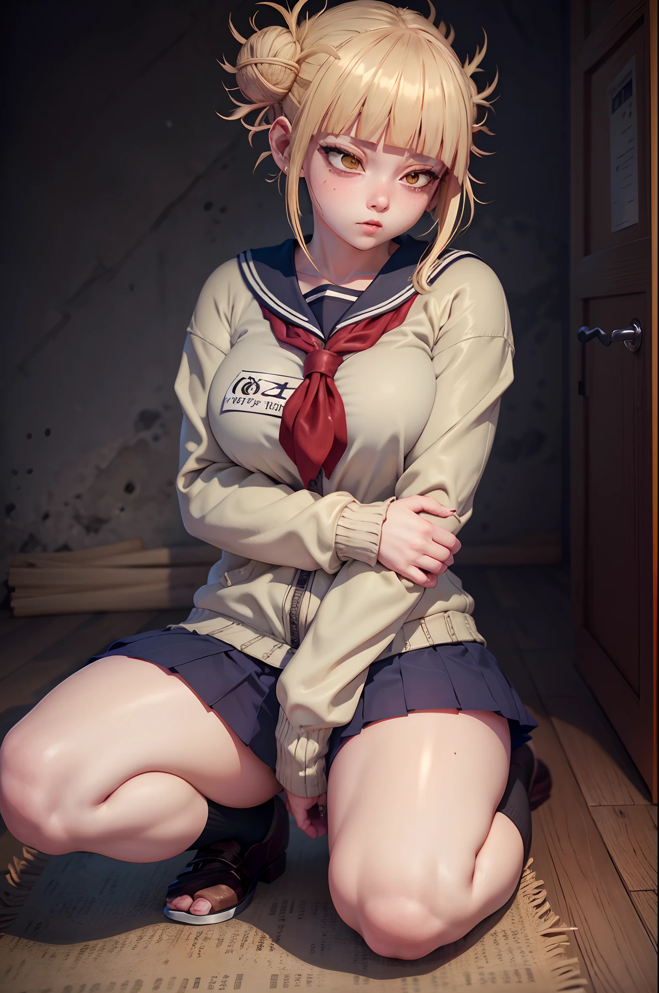 Anime girl in uniform kneeling on the floor with her arms crossed - SeaArt  AI