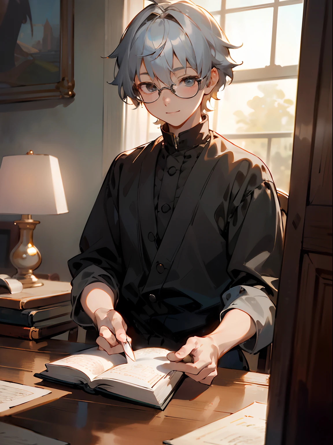 (Male child, eye glasses,A smile, silber hair),(((​masterpiece)))、(((top-quality)))、((ultra-definition))、(High Definition CG Illustration)、((extremely delicate and beautiful)),Western-style room,read a book，early evening