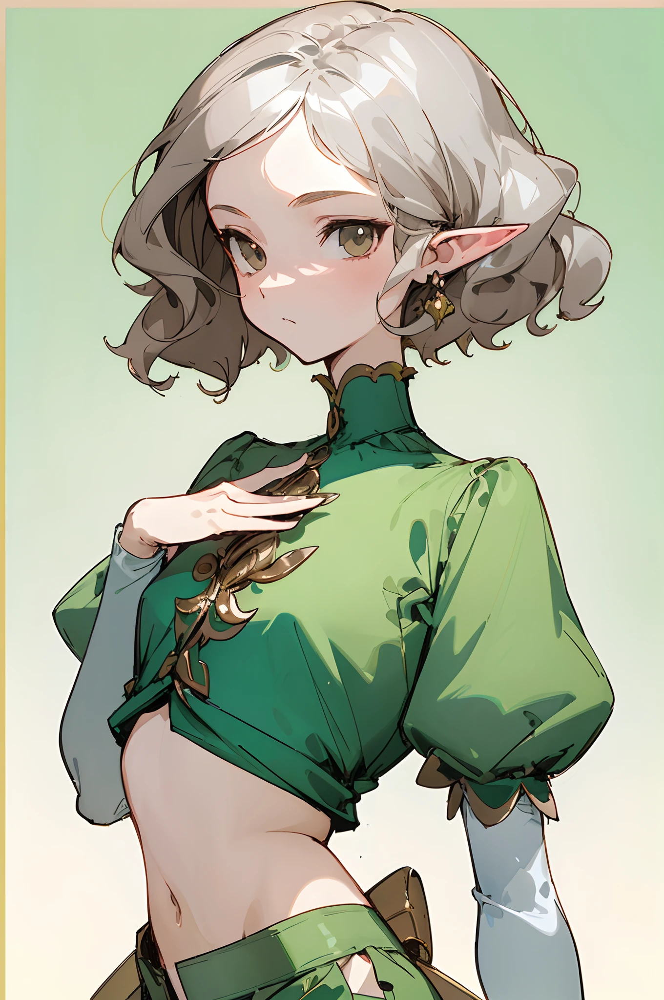 (masterpiece, best quality) detailed, 1Character , blue archive art style , wearing a green crop top , brown shorts , puffy sleeves , elegant , Beautiful woman , pale skin , short hair , wavy hair , silver eyes , elf ears , small chest , athletic build , age 25, 
 , pastel washed out colors , cell shade ,