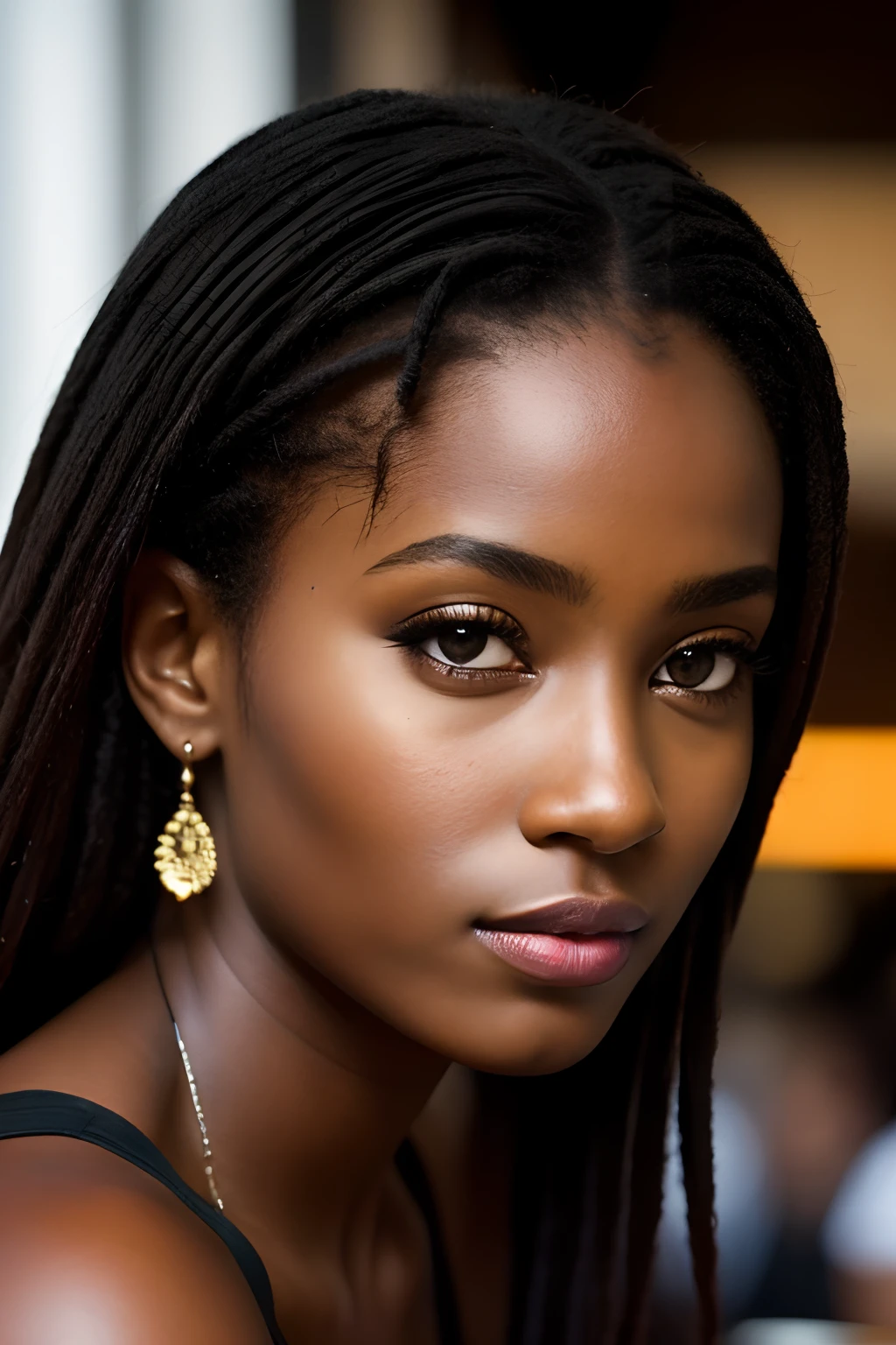 A close up of a woman with long hair wearing a black dress - SeaArt AI