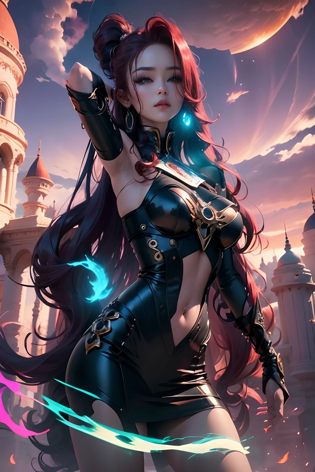 HD 8K quality ，A sexy beauty， Whitening skin，Beautiful and moving big eyes，wearing a stylish and edgy outfit，Strike seductive poses，red tinted hair，long whitr hair，Large curls，Background: the setting sun，Burning clouds，air castle，mirage。