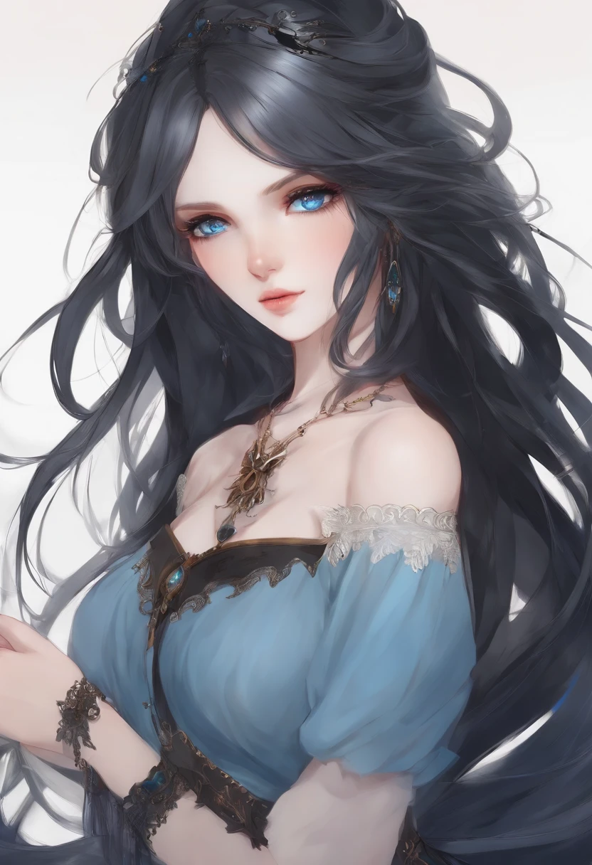 ((1girl)), anime, long half black and half white hair, bright blue eyes, pale skin