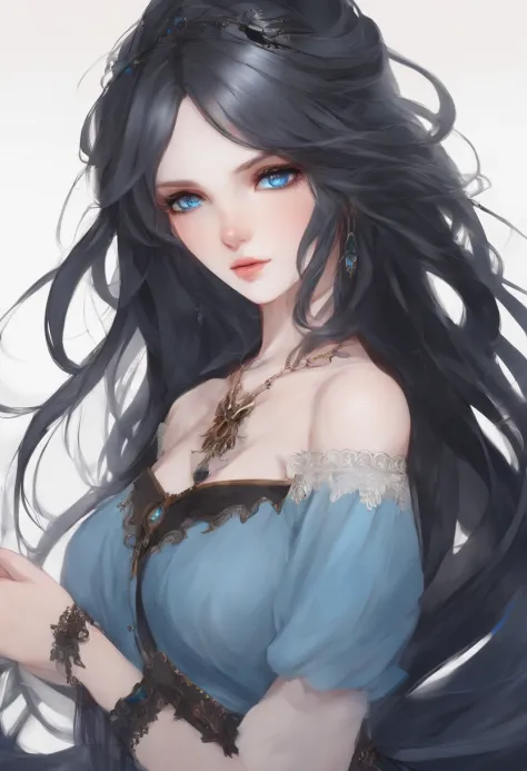 ((1girl)), anime, long half black and half white hair, bright blue eyes, pale skin
