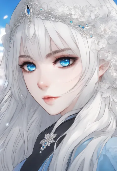 ((1girl)), anime, long monochrome hair, bright blue eyes, pale skin
