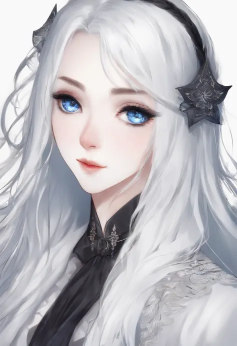 ((1girl)), anime, long black and white hair, bright blue eyes, pale skin