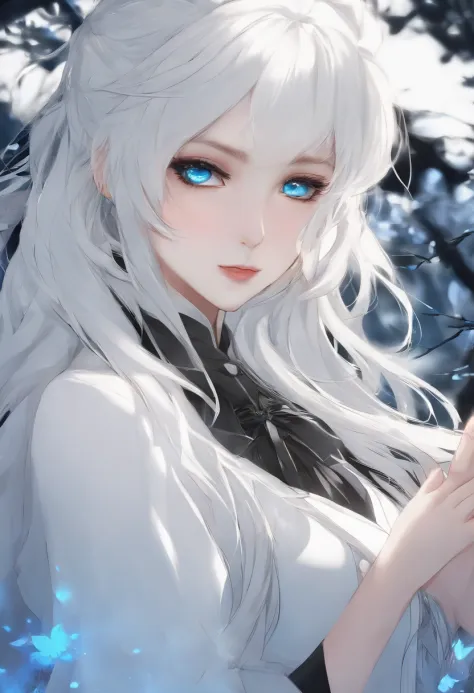 ((1girl)), anime, long half black and white hair, bright blue eyes, pale skin