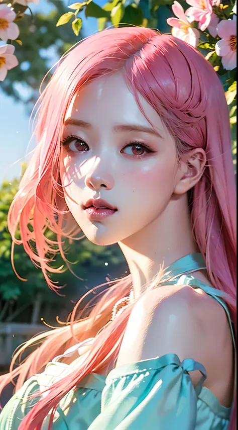 (aesthetic, vibrant, colorful), (best quality, 4k, highres, vivid colors, photorealistic), Pinkish, blackpink, detailed face, long wavy hair, glowing skin, expressive eyes, pinkish lips, (fantasy: 1.2), enchanting garden, blooming flowers, (dreamy atmosphe...