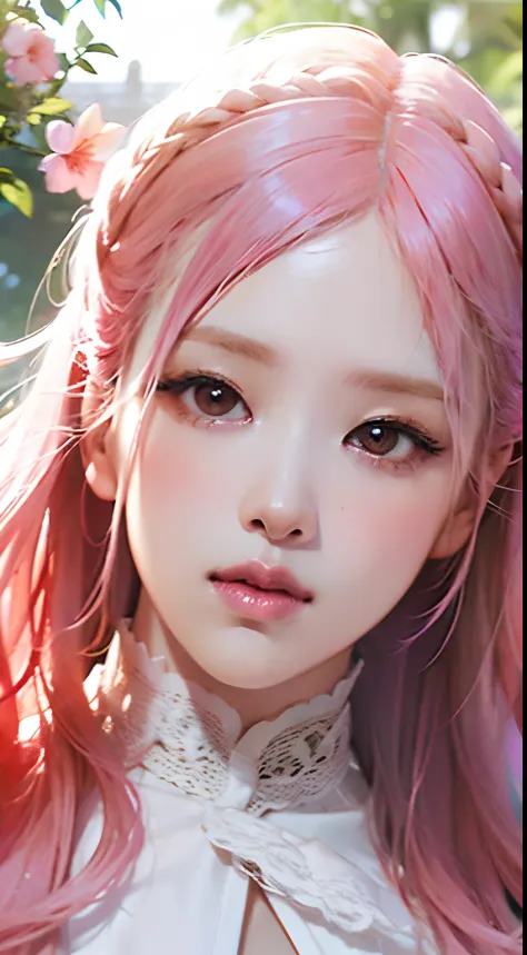 (aesthetic, vibrant, colorful), (best quality, 4k, highres, vivid colors, photorealistic), Pinkish, blackpink, detailed face, long wavy hair, glowing skin, expressive eyes, pinkish lips, (fantasy: 1.2), enchanting garden, blooming flowers, (dreamy atmosphe...