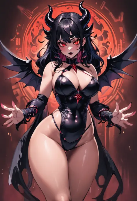(best quality,4k,8k,highres,masterpiece:1.2),ultra-detailed,(realistic,photorealistic,photo-realistic:1.37),hot thicc succubus mama with long black hair, intense black lips, wearing a revealing black leather outfit adorned with BDSM elements. Her attire co...