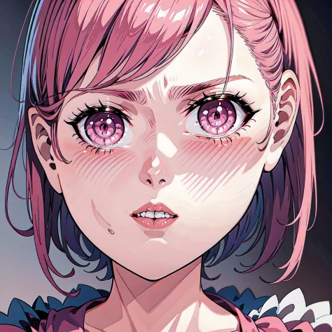 1girl,pink eyes,short pink hair,beautiful face,beautiful detailed lips,beautiful detailed nose,fear expression,scared,wearing pink dress,close up,gray background,(best quality:1.2),masterpiece:1.2,high resolution