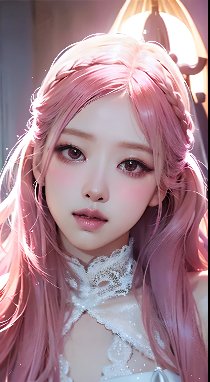 (mejor calidad,ultra detallado,Fotorrealista),colores rosados,ídolo kpop de blackpink,fondo de fantasía,sonrisa bonita,Cabello ondulado largo,maquillaje brillante,traje brillante,atmósfera de ensueño,iluminación suave,Colores vibrantes,Apariencia de hada