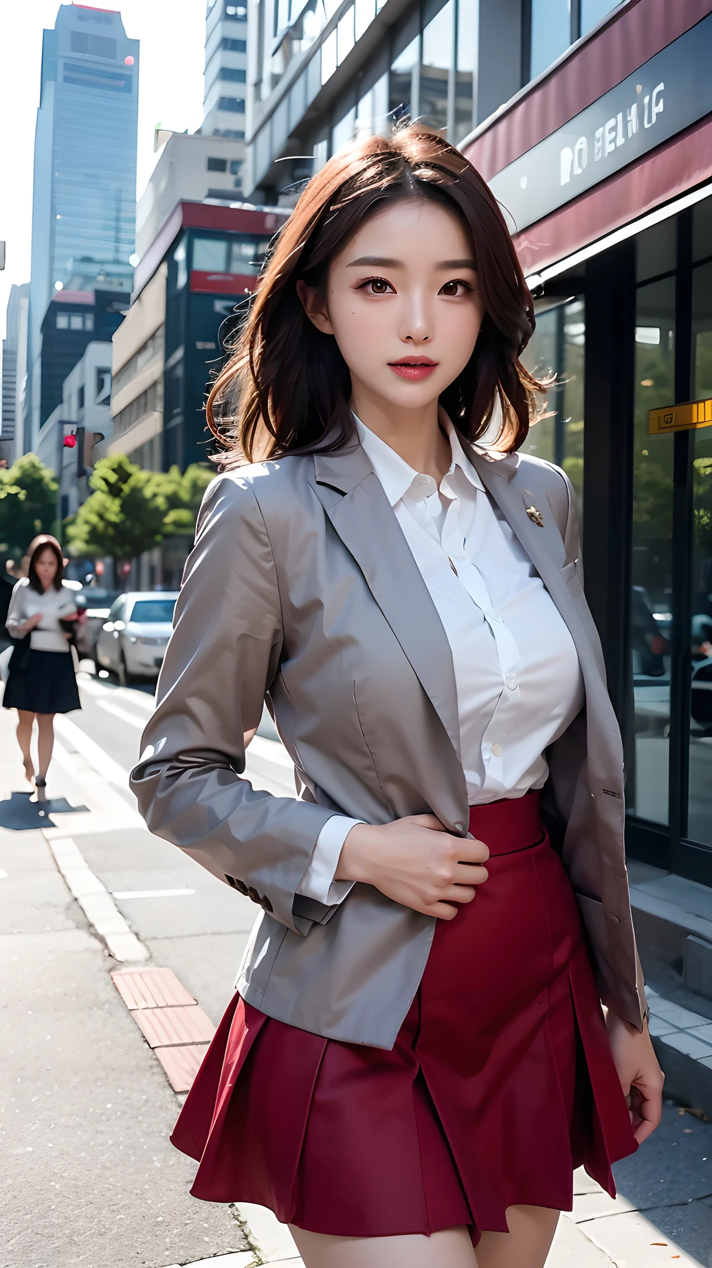 "A captivating moment captured in the midst of a sun-kissed urban landscape during the sunset hours, featuring a stunning Korean news anchor wearing an elegant skirt suit and chic jacket, gracefully turning around."
BREAK,
The enchanting caster, dressed in her fashionable skirt suit and impeccably tailored jacket, exudes confidence and sophistication as she strolls through the office district. Her flowing hair dances in the gentle breeze, adding to the allure of the scene."
BREAK, 
"In the background, the city's towering skyscrapers are bathed in the warm, golden glow of the setting sun, casting long shadows that stretch across the bustling streets, creating a mesmerizing backdrop for this captivating moment."