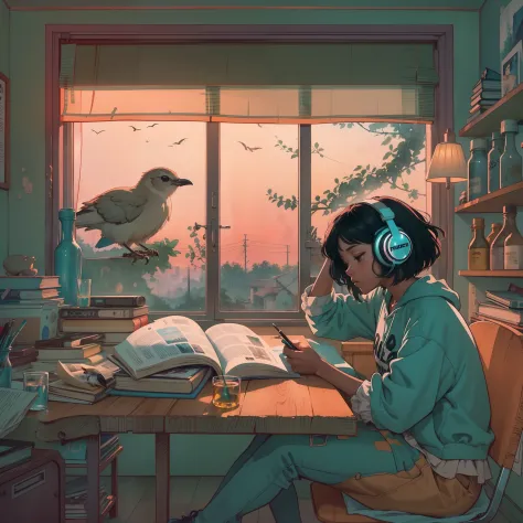 1woman, African American, solo, sitting at a table with headphones, a book and a bird, lofi girl, lofi art, lofi art style, lofi...