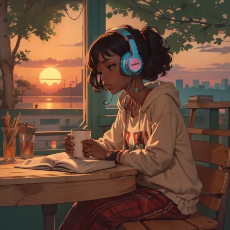 1woman, solo, sitting at a table with headphones, sunset, African American, a book, lofi girl, lofi art, lofi art style, lofi fe...