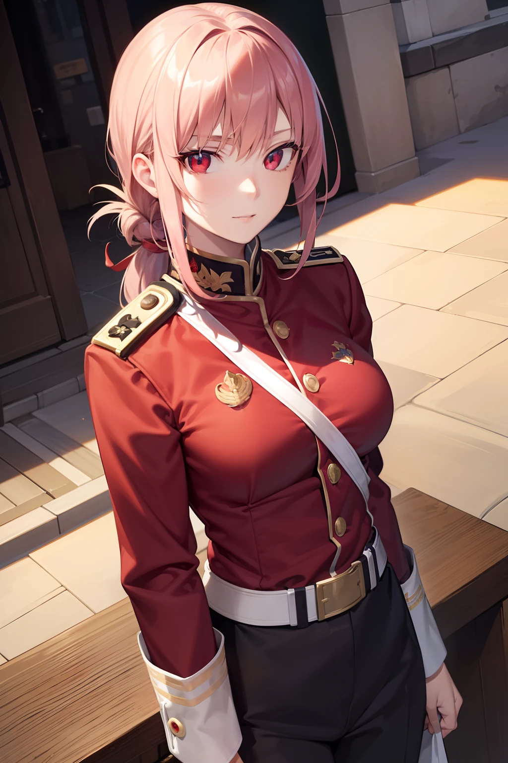 Florence Nightingale, Florence Nightingale, Pink hair, Long hair, (Red Eyes:1.5), Hair braid, side locks, folded ponytail, Single braid, braid, braided ponytails,Break Military, Military uniform, uniform, (Red uniform:1.5),BREAK looking at viewer,Break indoors,BREAK (masutepiece:1.2), Best Quality, High resolution, Unity 8k壁纸, (Illustration:0.8), (Beautiful detailed eyes:1.6), extra detailed face, Perfect Lighting, extremely details CG, (Perfect hands, Perfect Anatomy),