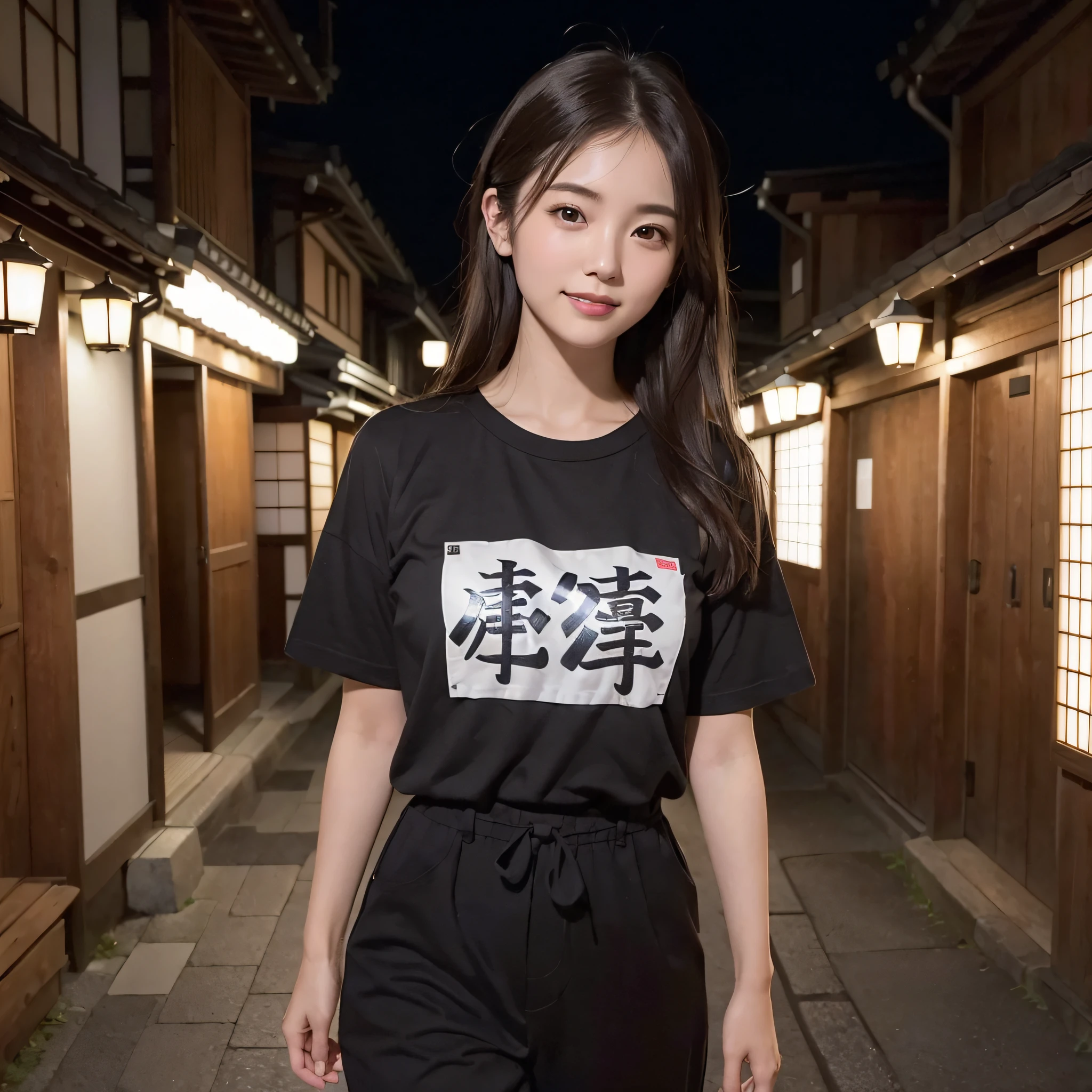 Arafed asian woman in black shirt and pants standing in alley - SeaArt AI