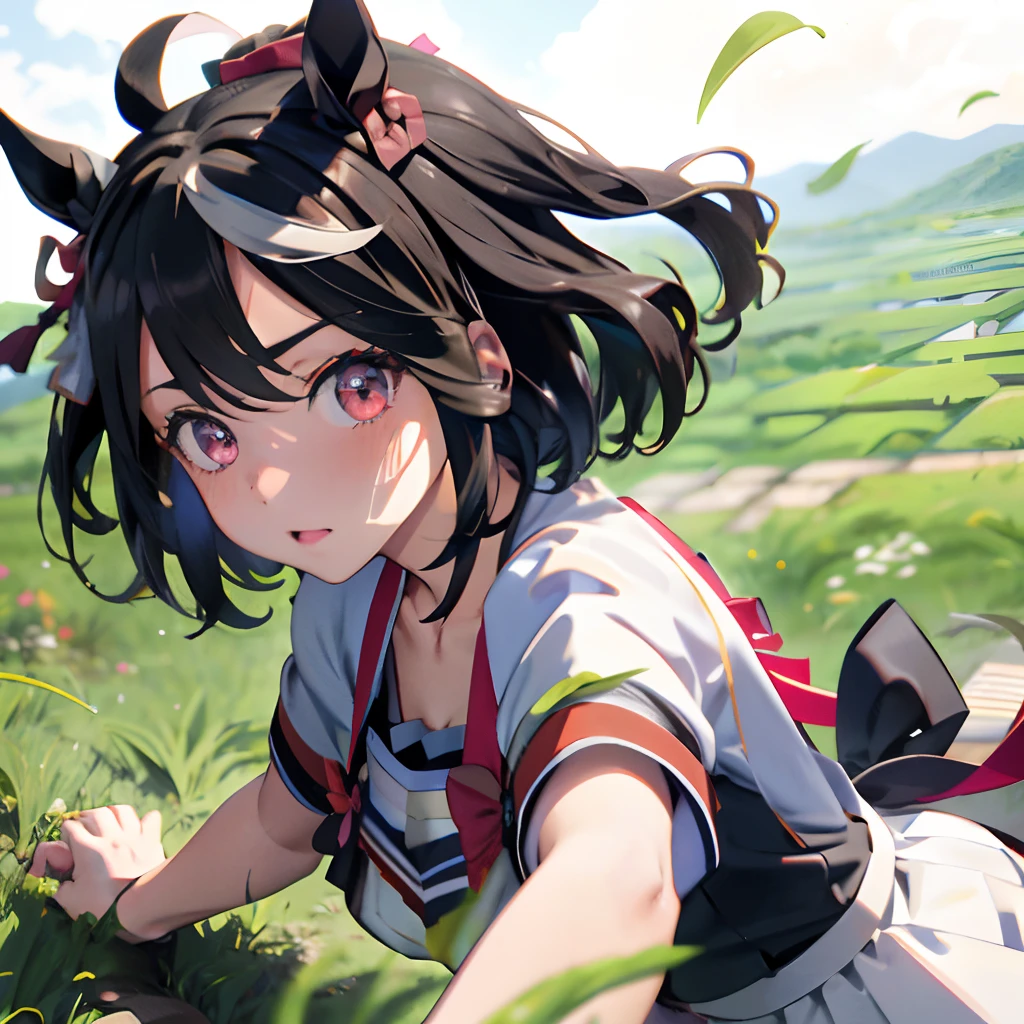 masutepiece, Best Quality,  close up, Face shot,
Silence Suzuka \(Umamusume\),, White skirt, Pleated skirt, Black tights, White bra with patch, Black bow, Running, run through，Loose grass, heel, Butt view, full length, Surşi