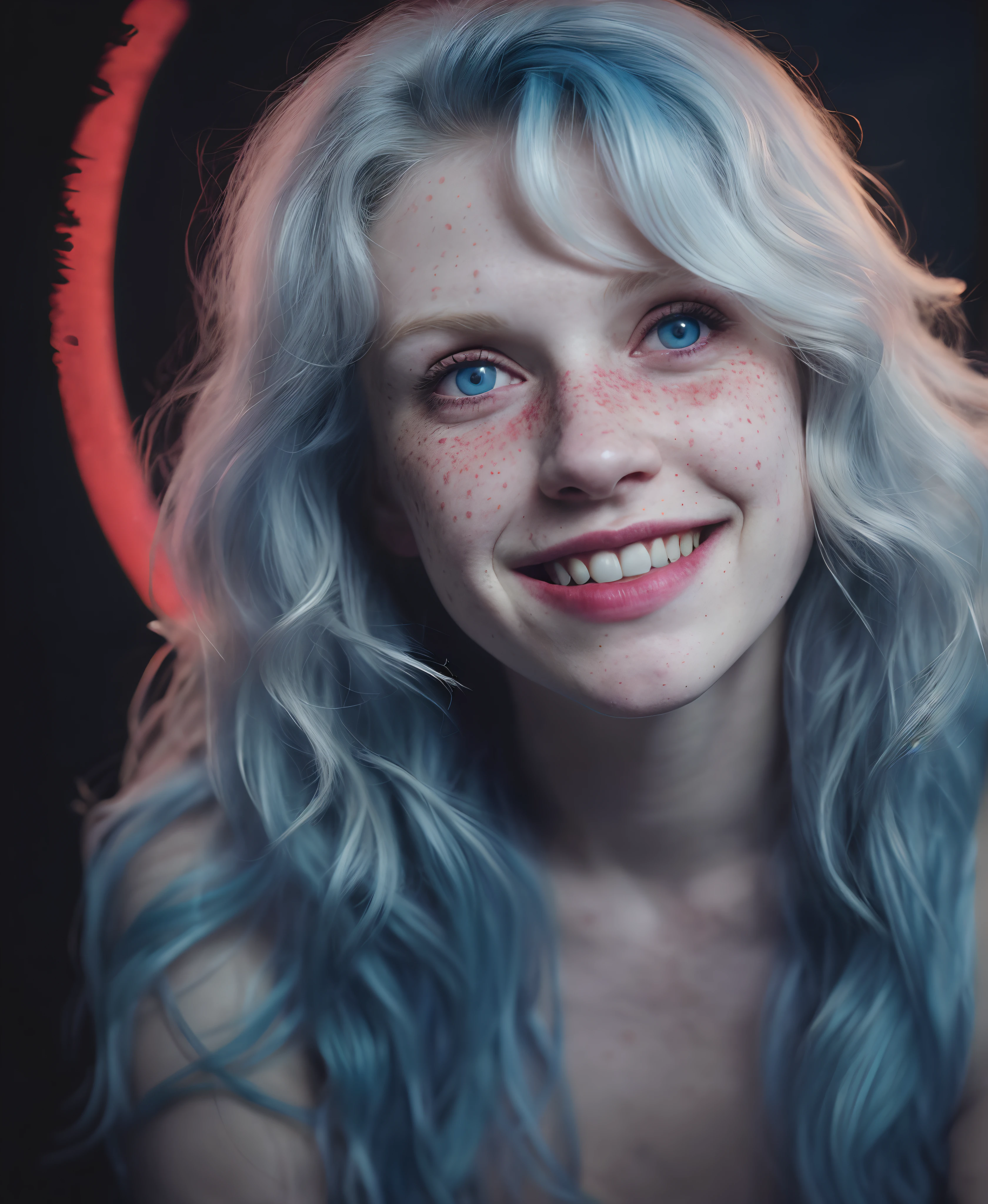 A close up of a woman with blue hair and freckles - SeaArt AI