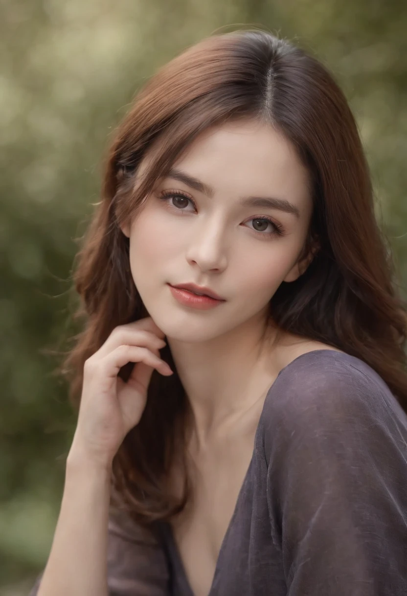 Very shrewd beautiful woman,Hair shoulder to shoulder，Black and supple，Light is discerning，She was born with a pair of Danfeng eyes，fly slightly upwards under the cover of long eyelashes,，Skinny jeans and purple t-shirt,In a natural, It has a special charm，Femme and move.