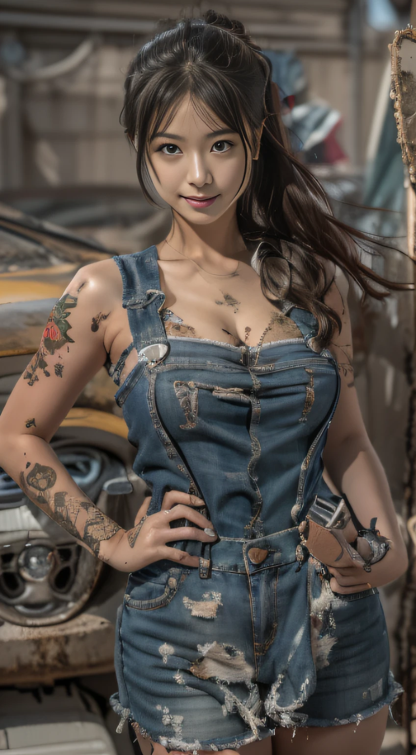 ((Best quality)), ((Masterpiece)), (Detailed), A charming and seductive female mechanic covered in grease,confident smile
， Wear suspender denim shorts(Dirty and rough charm:1.2), (Tough and confident demeanor:1.1), (Mechanical expertise:1.3), Disheveled hair, smudged face，With a playful smile, Stained overalls clinging to her curves, (Tenacious trading tools:1.2), Cluttered repair shop, Scattered car parts, (Authentic car atmosphere:1.2), (Strong gaze:1.1), The hand was soiled with a wrench, 8K resolution,looking at another, looks away,( tattoo:1.2), Masterpiece, Best quality,Photorealistic, Ultra-high resolution, Photographic light