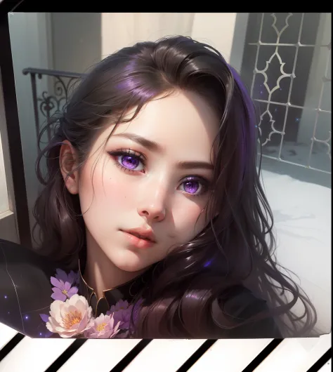 masterpiece, best quality, ultra-detailed, illustration, , , 1girl,solo, image body, flower, looking at viewer, , , purple eyes, jewel-like eyes, extremely detailed eyes, extremely detailed face,, , star (sky), constellation,  white energy,  railing, meteo...