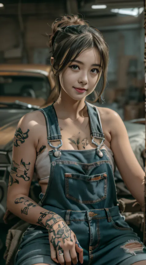 ((Best quality)), ((Masterpiece)), (Detailed), A charming and seductive female mechanic covered in grease,confident smile，sitting down on the floor，Wear suspender denim shorts(Dirty and rough charm:1.2), (Tough and confident demeanor:1.1), (Mechanical expe...