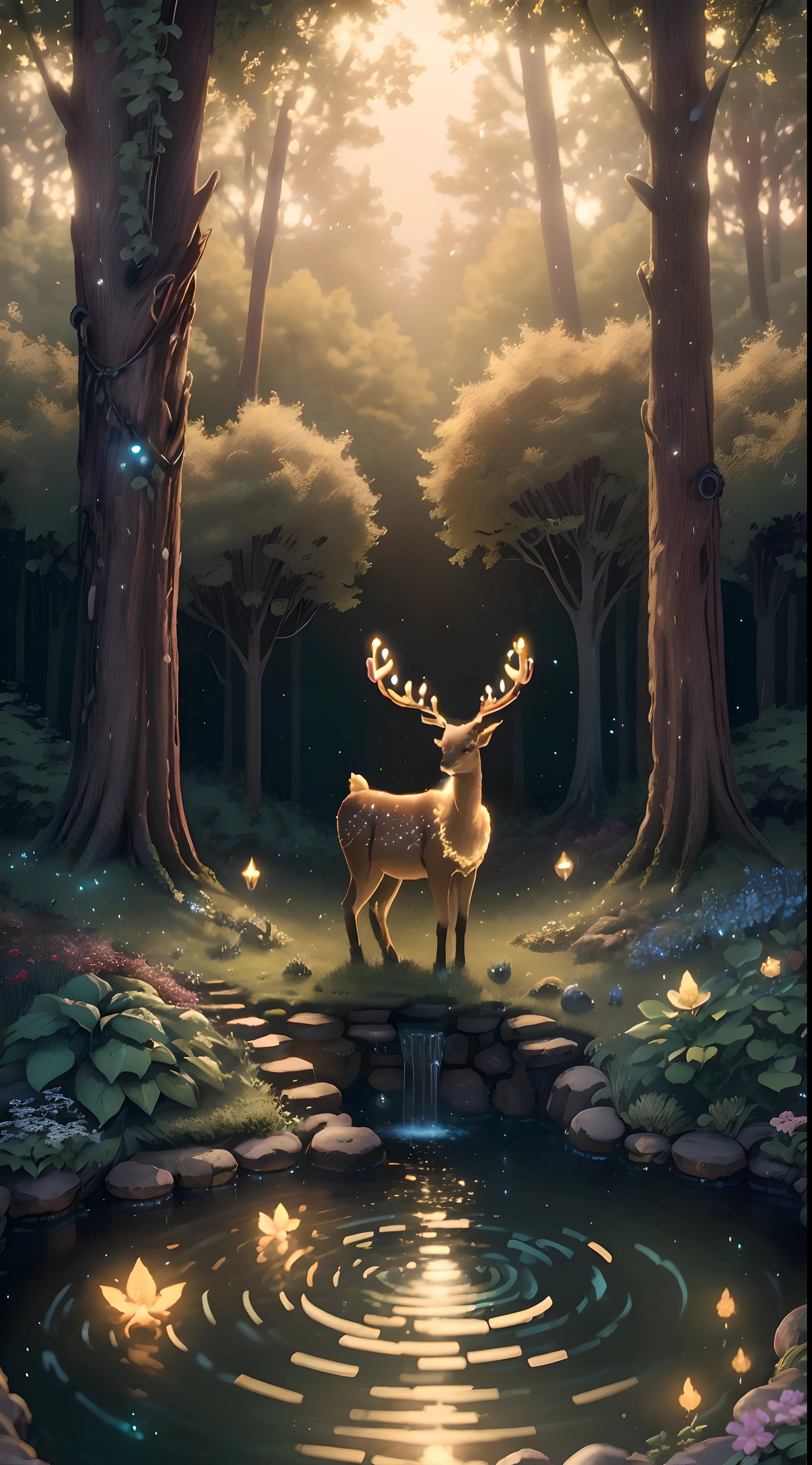 Masterpiece, best quality, (very detailed CG unified 8k wallpaper), (best quality), (best illustration), (best shadow), glowing elf with a glowing deer, drinking water in the pool, natural elements in forest theme. Mysterious forest, beautiful forest, nature, surrounded by flowers, delicate leaves and branches surrounded by fireflies (natural elements), (jungle theme), (leaves), (branches), (fireflies), (particle effects) and other 3D, Octane rendering, ray tracing, super detailed , deer --v6