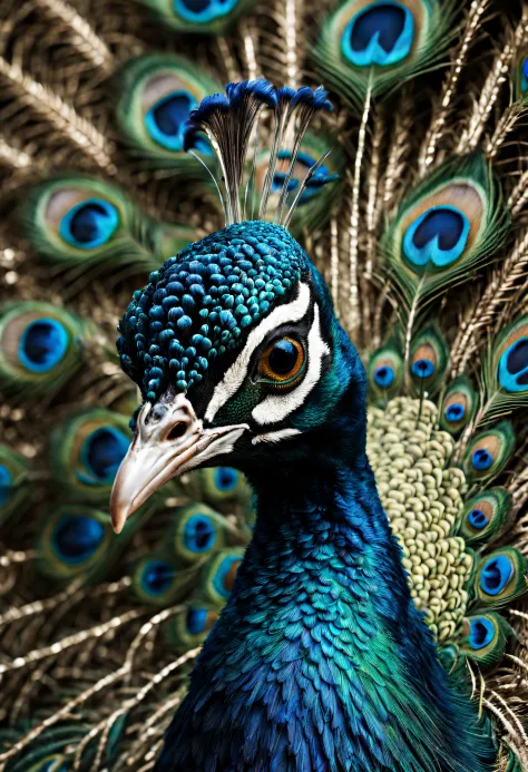stunningly ultra detailed peacock looking at viewer