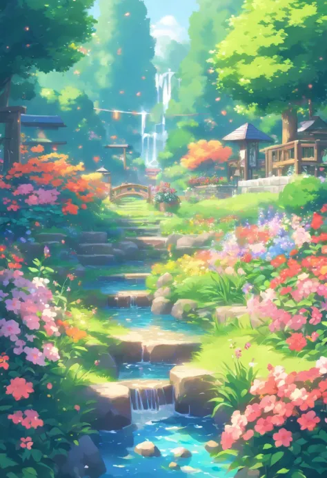pixelart  Generate an image of a beautiful and serene garden, with colorful flowers, gentle streams, and the sounds of nature. Show the tranquility, the life, and the beauty of a perfect day.