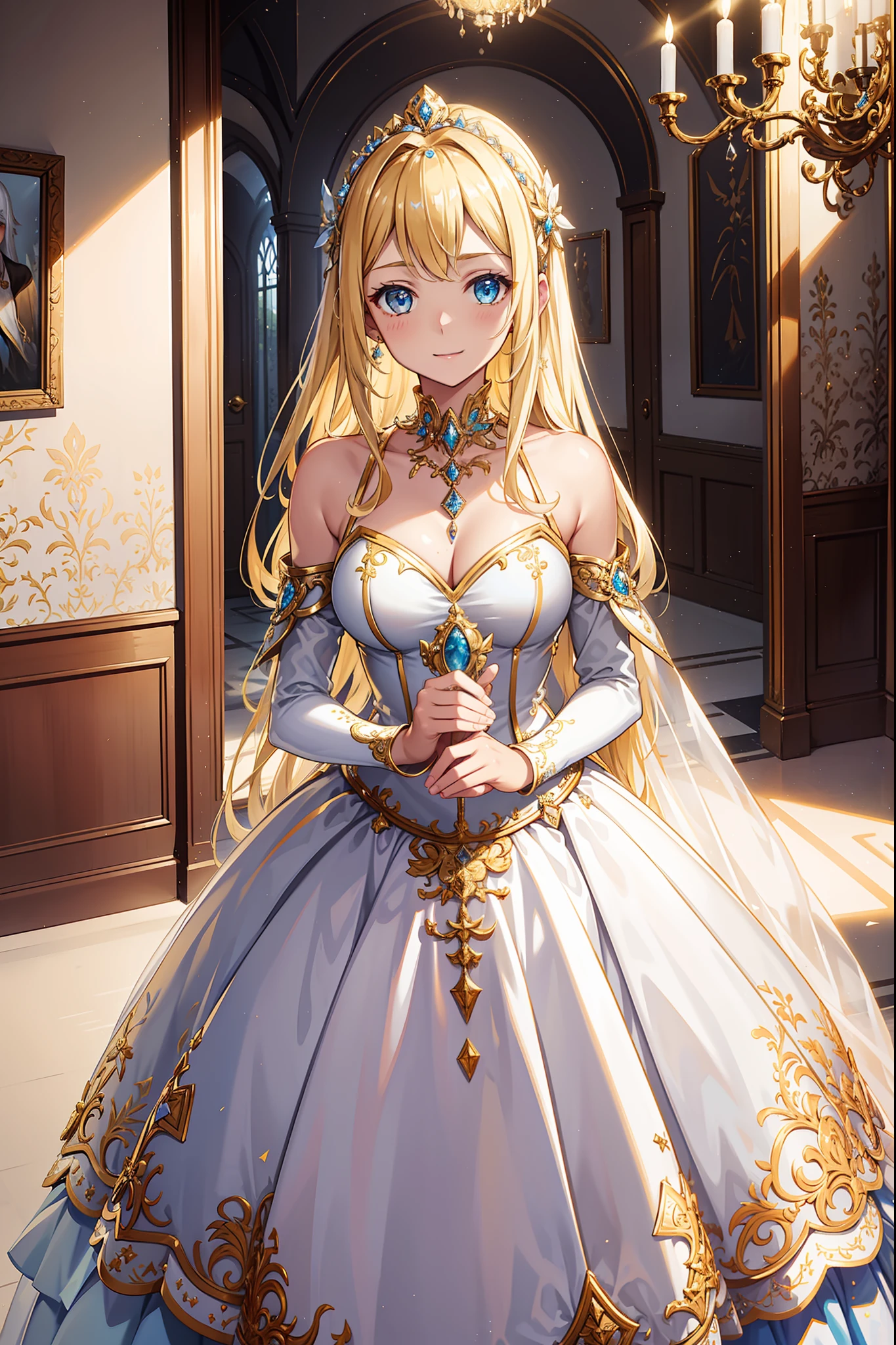 teens girl，divino，Enchanted，Enchanted，blond hairbl，having fun，Being in love，White and yellow princess dress，Silver crown，intricate detailed clothes，(Diamond decoration)，Royal motif，swim wears，inside in room，(Shine:1.2), (Best quality), (Masterpiece:1.2)，Beautiful detailed face