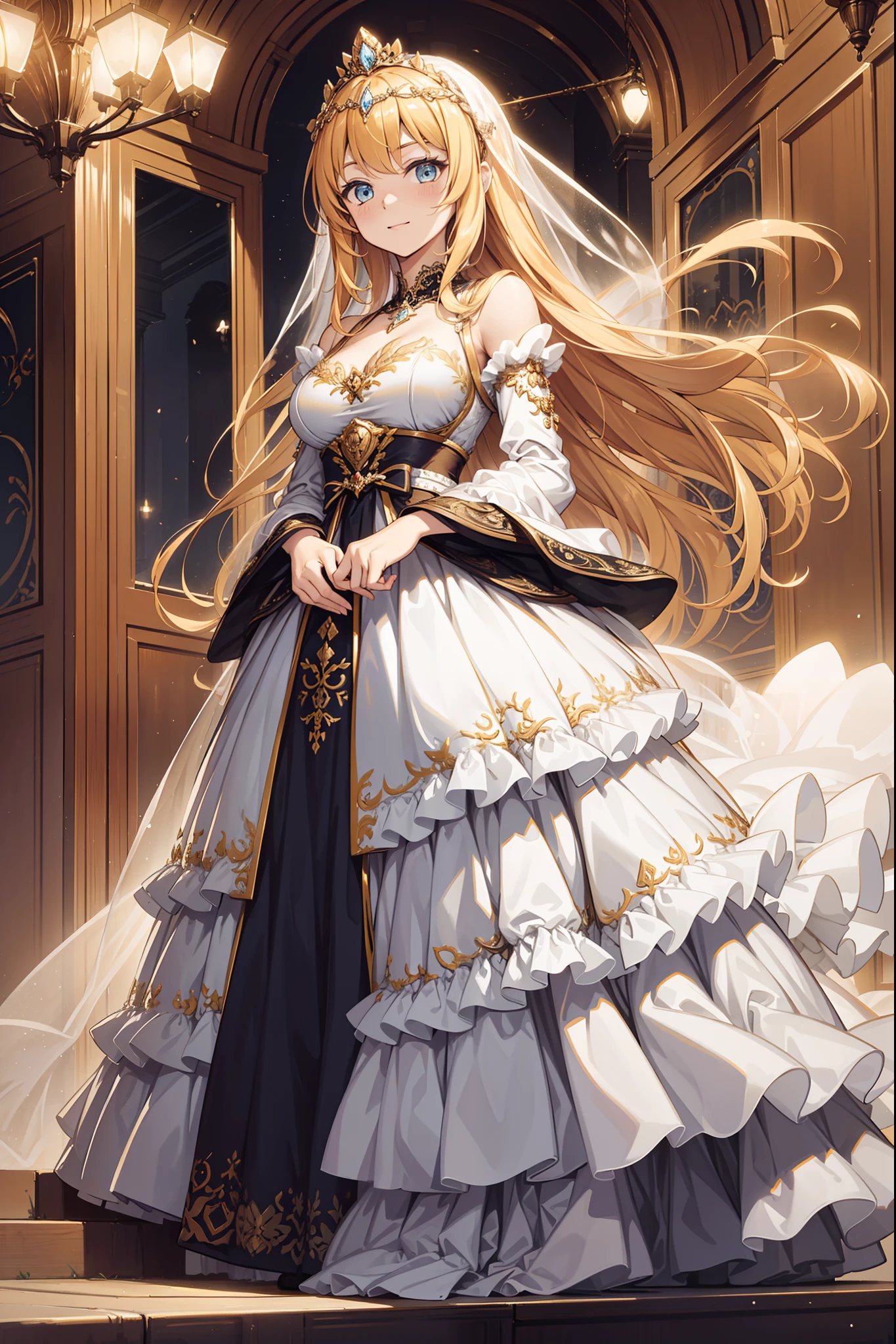 The best princess，Enchanted，opulent，Being in love，divino，(Yellow and white dresses:1.3)，blond hairbl，eBlue eyeaximalism，Multiple layers of delicate ruffles，Lots of lace，(Lines on clothes:1.2)，(exquisite costumes:1.1)，(Multi-layered skirt),Princess Crown，see-through transparent clothes，Beautiful detailed face，Movie lighting，the night，solo person，metal decoration，Lace,(Shine:1.2), (Best quality), (Masterpiece:1.2),