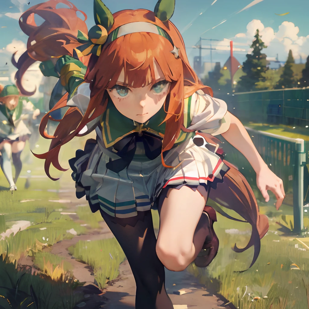 Masterpiece, Best Quality,  close up, face shot,
silence suzuka \(umamusume\),, white skirt, pleated skirt, black tights, white bra with patches, black bow, running, Loose grass, heel, Butt view, full length, Srusy