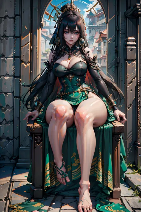 (qu), (multicolored hair), (black and green hair), (long hair), (hair ornament), (tiara), (chinese clothes), (long sleeves), (bracelet), (necklace), (ribbon), (china dress), (anime girl sitting on a throne with a sword in her hand), (with a green chinese d...