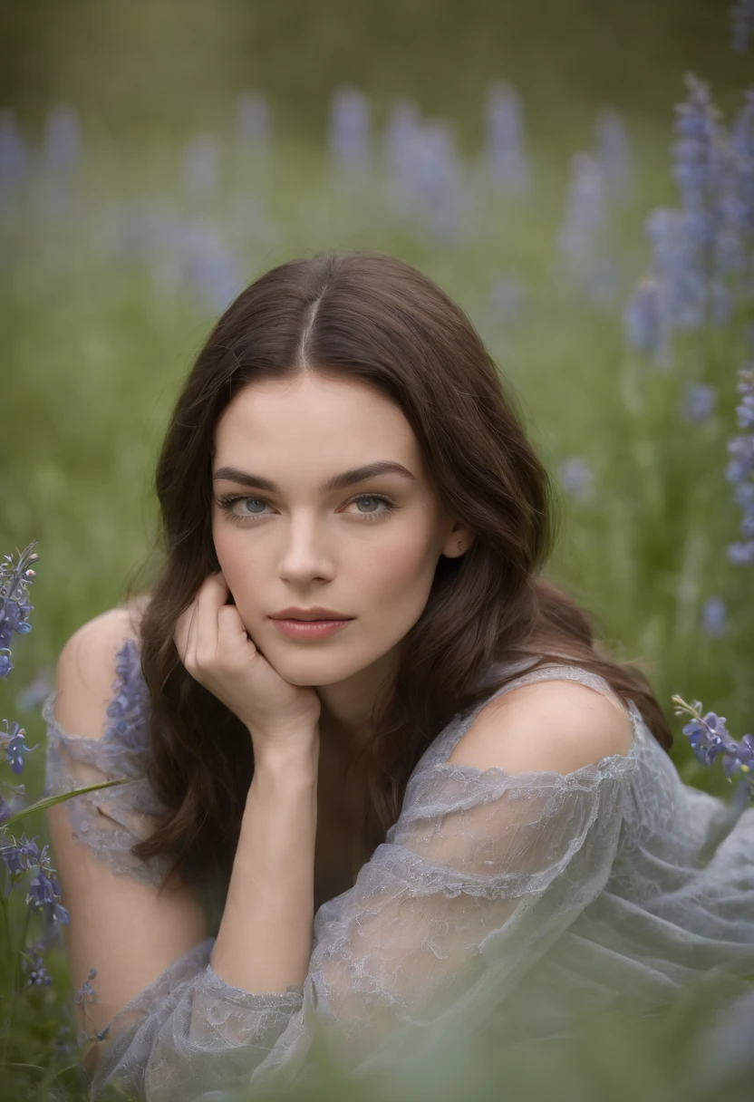 A woman laying in a field of blue flowers with her hand on her chin -  SeaArt AI