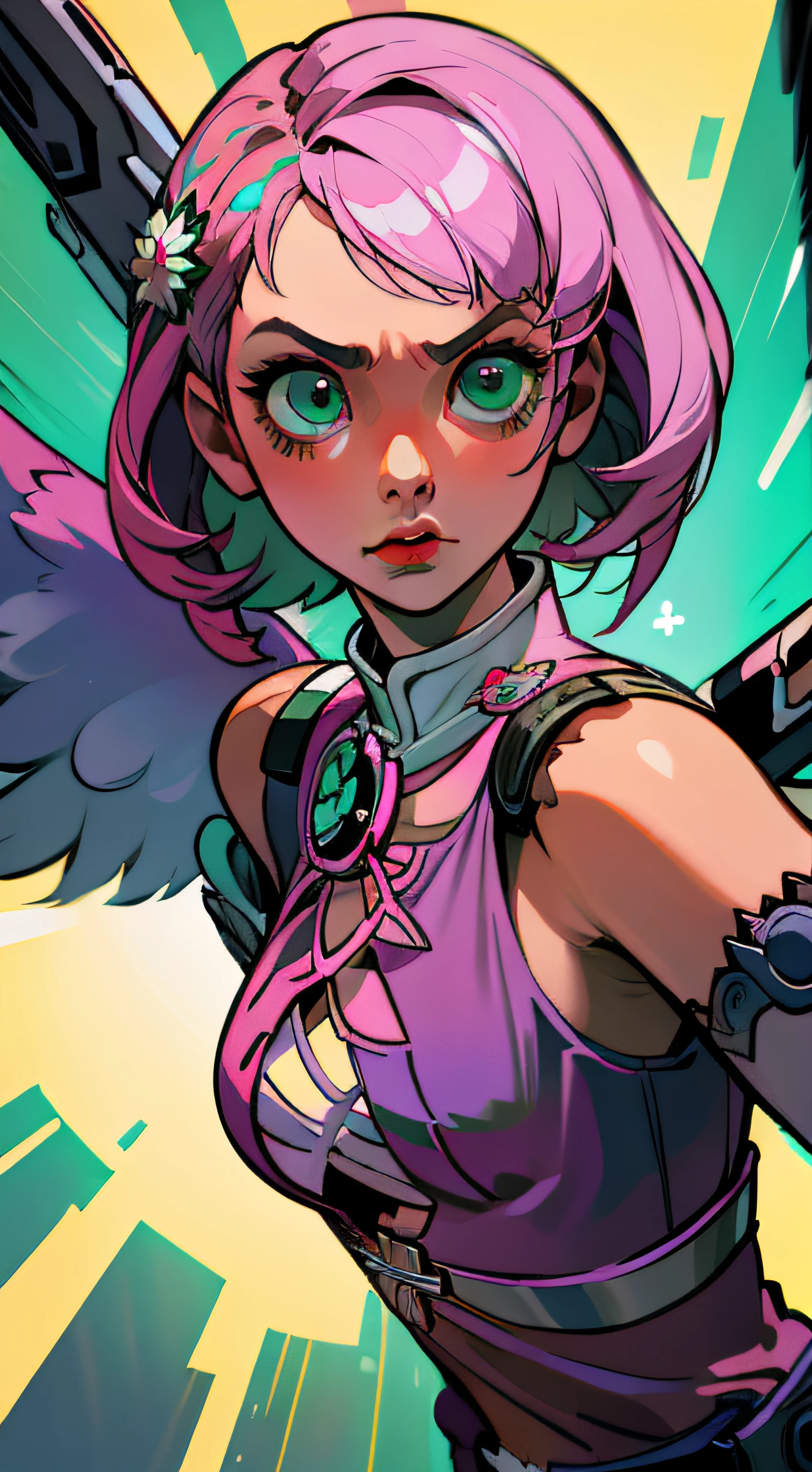 アリサの可愛い顔, 完璧な緑色の対称的な目, マルチカラーのピンクのショートヘア, 機械の翼, 鉄拳