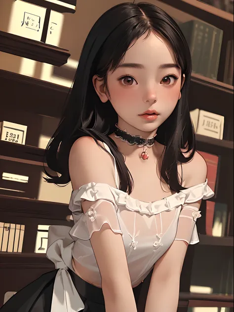 (top-quality、​masterpiece), 1girl in, intricate detailes, off shoulders, skirt by the, a choker, frilld, see -through, look at viewr, red blush, The upper part of the body, blurry backround, Contrapo、atlibrary、big breast beauty