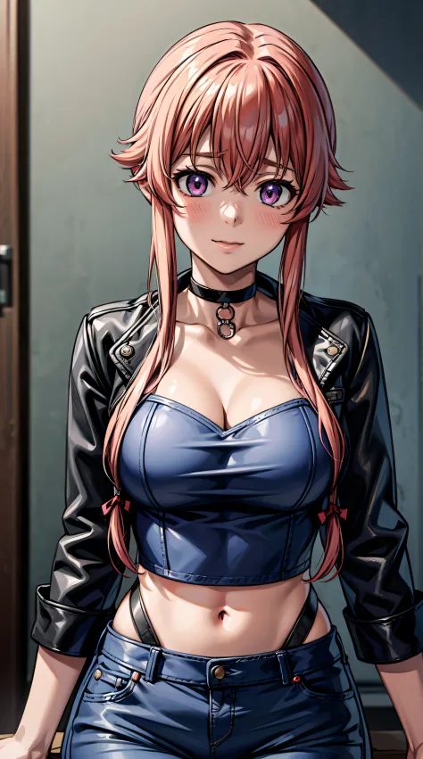 gasai yuno, large breasts, wearing a black choker, wearing black leather jacket, wearing blue jeans, ((masterpiece)), (((best qu...